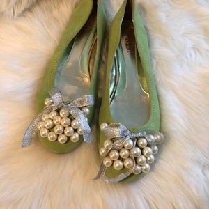 Cochni green suede flats with PEARLS!!!